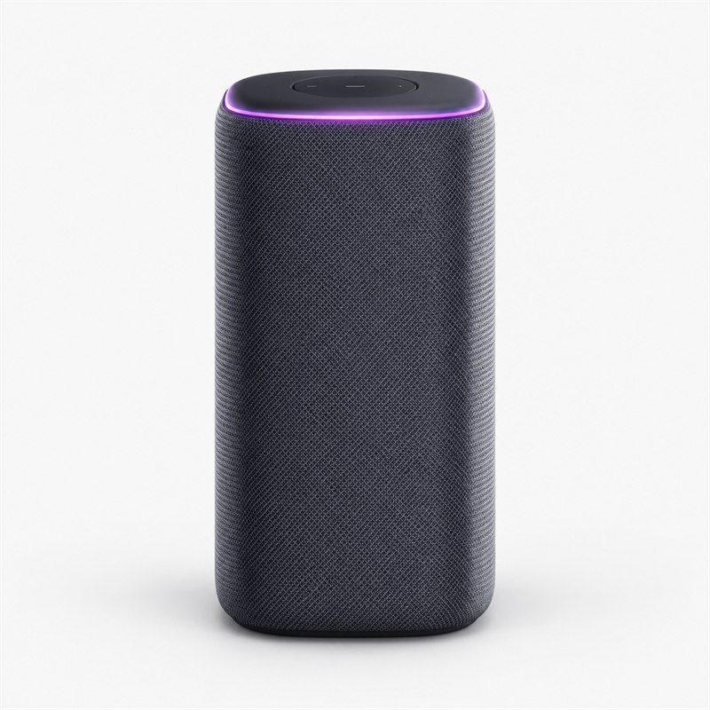 深灰织物机身、紫色灯环的语音智能音箱产品形态示意